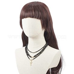 3個3スタイル304ステンレススチールクロスペンダントネックレスセット  女性のための天然な黒オニキス & 黒曜石 & パール ビーズ スタッカブル ネックレス  ブラック  14.96~19.29インチ（38~49cm）  1個/スタイル&nbsp;NJEW-JN04071