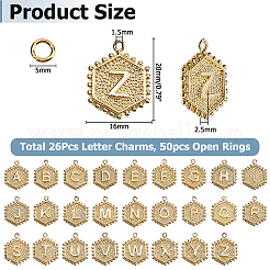 真鍮製ペンダント26個  50個の真鍮製オープン丸カン付き  六角形の文字チャーム  a～zの文字  20x16x2.5mm  穴：1.5mm&nbsp;KK-HS0015-82