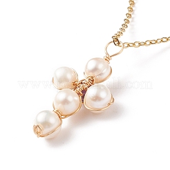 Колье с плетеным крестом из натуральных драгоценных камней и жемчуга NJEW-JN03920