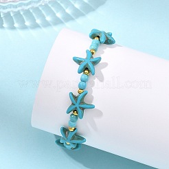 Bracelets extensibles en perles de turquoise synthétique et laiton pour femmes et hommes&nbsp;BJEW-JB13877-01
