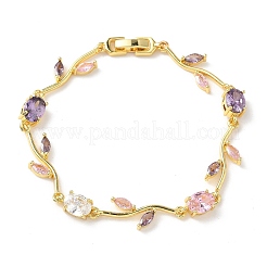 Messing-Armbänder mit Mikropavé und Zirkonia in Oval- und Blattform für Damen&nbsp;BJEW-G764-05G-01