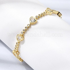 Pulseras de eslabones de latón con micro circonitas cúbicas en forma de corazón para mujer.&nbsp;BJEW-A164-01G-01