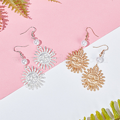 2 пара двухцветных серег-подвесок в виде солнца с улыбающимся лицом и пластиковыми жемчужными бусинами EJEW-AN0001-82