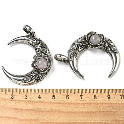 天然石ローズクォーツペンダント  合金の花の三日月チャーム  アンティークシルバー  43.5x35.5x8.5mm  穴：8x7mm&nbsp;G-P547-04AS-04