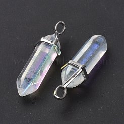 多面カット弾丸ガラスのポイントペンダント  プラチナメッキ真鍮パーツ  ABカラーメッキ  38~39.5x12.5x10mm  穴：5x3mm&nbsp;KK-E282-02P-03