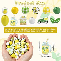 レモンをテーマにしたプリントの木製ビーズ  混合図形  9~24.5x12.5~24x4.5~19.5mm  穴：1.8~5mm  100個/セット&nbsp;WOOD-CJ0002-75