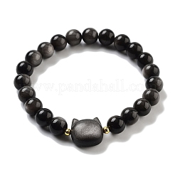 Braccialetti elasticizzati da donna con perline di ossidiana naturale rotonde e con testa di gatto&nbsp;BJEW-K251-03F
