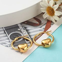 女の子の女性のためのハートビーズフープピアス  ゴールドカラー  34x24mm  ピン：0.9~1.4mm&nbsp;EJEW-JE04706