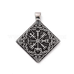 304ステンレススチール製ビッグペンダント  vegvisir を含む菱形  アンティークシルバー  51x43x4mm  穴：4.5x7mm&nbsp;STAS-J039-16AS