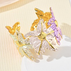 女性用、質感のある真鍮エナメルカフバングル  花  カドミウムフリー＆鉛フリー  長持ちメッキ  ラックめっき  18KGP本金メッキ  カラフル  内径：1.97x2.01インチ（5x5.1cm）&nbsp;BJEW-A173-05G