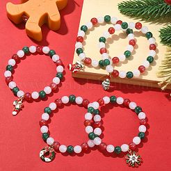 Bracciale elasticizzato con perline rotonde in resina con ciondoli natalizi in lega di smalto&nbsp;BJEW-JB09525