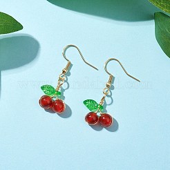 銅ワイヤーの天然カーネリアンのダングルイヤリング  アクリルリーフと304ステンレススチールピアスフック付き  チェリー  35.5x14.5mm&nbsp;EJEW-JE06298-01