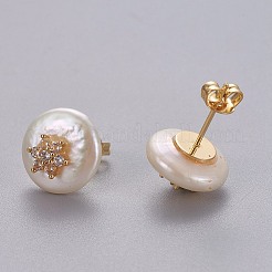 天然パールのスタッドピアス  真鍮マイクロパヴェキュービックジルコニアのパーツ  花付きフラットラウンド  長持ちメッキ  耳ナッツ  ゴールドカラー  透明  12mm  ピン：0.8mm&nbsp;EJEW-L231-01A