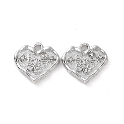 合金クリスタルラインストーンペンダント  蝶のチャーム付きハート  プラチナ  14x15x3mm  穴：1.6mm&nbsp;FIND-A023-16P