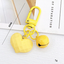 Porte-clés pendentifs acryliques, avec accessoires en alliage peint par pulvérisation, coeur et cloche, jaune, 6 cm
