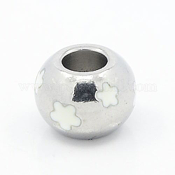 Perles en émail en 304 acier inoxydable, Perles avec un grand trou   , Rondelle avec des fleurs, couleur blanche, couleur inoxydable, 9x7mm, Trou: 4mm