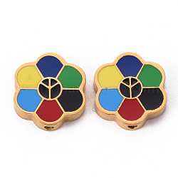 304 Stainless Steel Enamel Beads, Flower with Peaceful Sign, Colorful, Golden, 15x14x3.5mm, Hole: 1.6mm