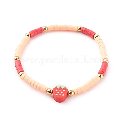 Handmade Polymer Clay Heishi Beaded Stretch Bracelets, with Brass Round Beads, Strawberry, Golden, Red, Inner Diameter: 2-1/8 inch(5.5cm)