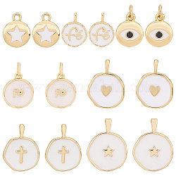 AHADERMAKER 14Pcs 7 Style Brass Enamel Pendants, Long-Lasting Plated, Flat Round with Cross & Heart & Star, Real 18K Gold Plated, 12~20.5x10~15.5x1.4~4.5mm, Hole: 1.3~4x1~3mm, 2pcs/style