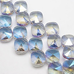 Electroplate Crystal Glass Beads Strands, Rainbow Plated, Faceted, Square, Light Blue, 13x13x9mm, Hole: 1mm, about 69pcs/strand, 25.1inch