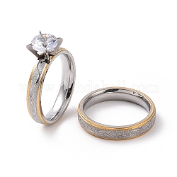 2pcs 2 estilo 201 conjunto de anillos de pareja de onda de acero inoxidable, anillos de rhinestone de cristal para los amantes, acero color oro y acero, diámetro interior: 17 mm, 1pc / estilo