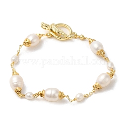 Natural Pearl Beaded Link Bracelets, Brass Wire Wrapped Bracelet, Real 14K Gold Plated, 8 inch(20.2cm)