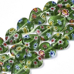 Chapelets de perles vernissées de millefiori manuelles, cœur, vert de mer moyen, 11~12x12x4~5mm, Trou: 1mm, Environ 32~33 pcs/chapelet, 12.72 pouce ~ 13.78 pouces (32.3~35 cm)