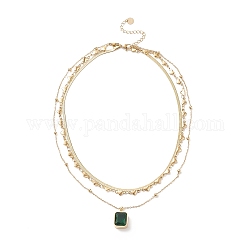 Dreilagige Halskette mit rechteckigen Anhängern aus grünem Glas, Ionenplattierung (IP) 304 Halskette mit Herzgliedern aus Edelstahl und Satelliten- und Fischgrätenketten für Damen, golden, 15.35 Zoll (39 cm)