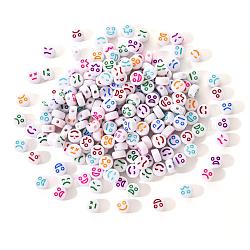 Perles acryliques opaques blanches, plat rond avec l'expression, couleur mixte, 7x4mm, Trou: 1.6mm, 200 pièces / kit
