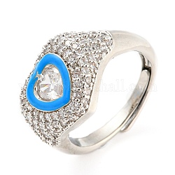 Enamel Heart Adjustable Ring with Clear Cubic Zirconia, Platinum Brass Ring, Lead Free & Cadmium Free, Deep Sky Blue, Inner Diameter: 17.6mm
