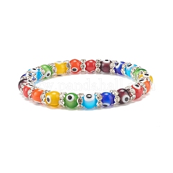 Bracelet extensible perlé au chalumeau coloré mauvais œil avec strass en cristal pour femme, couleur d'argent, diamètre intérieur: 2-1/8 pouce (5.5 cm)