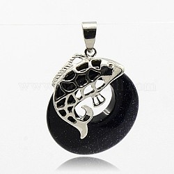Synthetic Blue Goldstone Pendants, with Brass Findings, Flat Round with Fish, Platinum Metal Color, 33.5x28x5mm, Hole: 4.5x7mm