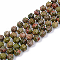 Chapelets de perles en unakite naturelle, ronde, facette, 8~9x10mm, trou: 1.2mm, environ 33~35 pcs/chapelet, 15.16 pouces (38.5 cm)