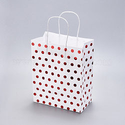 Sacs en papier, avec poignées, sacs-cadeaux, sacs à provisions, motif de points de polka, rectangle, rouge, 21x11x27 cm