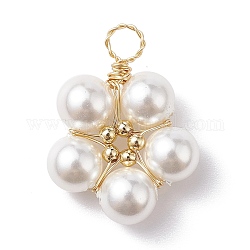 Pendenti avvolti in filo di rame con perle di conchiglia, ciondoli a fiori con perline in ottone, oro, 22x16x6mm, Foro: 3.5 mm