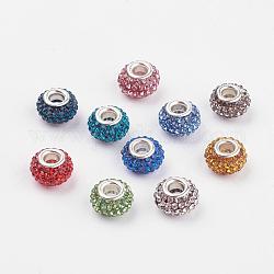 Grade A Rhinestone European Beads, Large Hole Beads, Resin, with Silver Color Plated Brass Core, Rondelle, Mixed Color, 12x8mm, Hole: 4mm