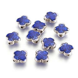 CCB Plastic Beads, with Enamel, Clover, Blue, Antique Silver, 11x11x4mm, Hole: 1.4mm