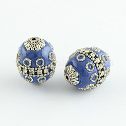 Oval Handmade Grade A Rhinestone Indonesia Beads, with Alloy Antique Silver Metal Color Cores, Royal Blue, 23x18x17mm, Hole: 2mm