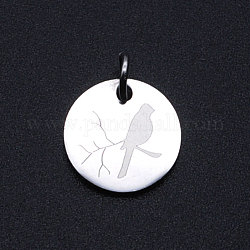 201 Stainless Steel Charms, with Jump Rings, Flat Round with Bird, Stainless Steel Color, 12x1mm, Hole: 3mm