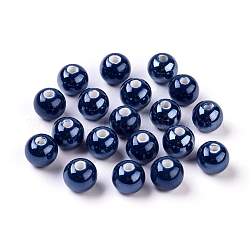 Perles rondes en porcelaine manuelles, bleu de Prusse, 8mm, Trou: 2mm
