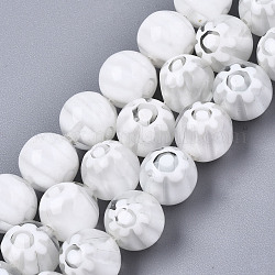 Chapelets de perles en verre de millefiori manuelles, ronde avec motif de fleurs, blanc, 10mm, Trou: 1.2mm, Environ 36~38 pcs/chapelet, 13.78 pouce ~ 14.88 pouces (35 cm ~ 37.8 cm)