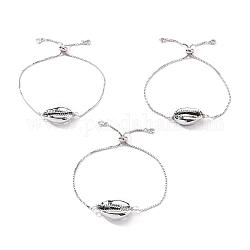 Bracelets bolo réglables en laiton, Bracelets coulissants, avec des perles de coquille galvanisées, cauris, platine, 9 pouce (23 cm)