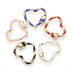 Brass Screw Carabiner Lock Charms, for Necklaces Making, with Enamel, Heart, Golden, Mixed Color, 23x25x2.5~5mm