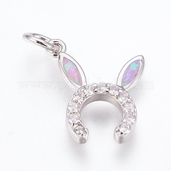 Brass Cubic Zirconia Bunny Pendants, with Synthetic Opal, Rabbit Ears, Platinum, Pearl Pink, 17x15x3mm, Hole: 4mm