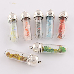 Желая стеклянная бутылка подвески, с чип Millefiori стеклянными шариками внутри и антикварных фурнитуров сплава серебра тон, разноцветные, 48x13 мм, отверстие : 1.5 мм