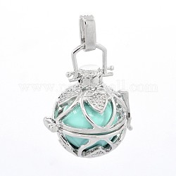 Platinum Tone Brass Cage Pendants, Chime Ball Pendants, with Brass Spray Painted Round Beads, Lead Free & Nickel Free & Cadmium Free, Turquoise, 29x23x19.5mm, Hole: 7x3mm