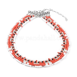 Colliers multi-rangs de perles de rocaille rondes, colliers à plusieurs couches, avec des liens de lustre en alliage, argent antique, rouge, 13.58 pouce (34.5 cm)