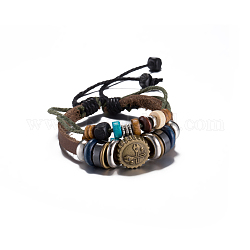 Verstellbar lässig unisex Leder mehradrige Armbänder, mit Schraubenschlüssel-Zink-Legierung und Holzperlen, Kokosnuss braun, 300 mm