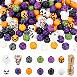 AHANDMAKER 184Pcs Halloween Wood Beads, Wooden Ghost Skull Beads Spider Web Beads with Jute Cord, Halloween Craft Wooden Spacer Beads for DIY Bracelets Necklaces Garland Jewelry Making Home Decor