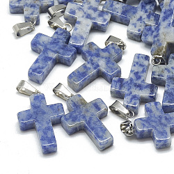 Pendentifs en jaspe tache bleue naturelle, avec cliquet en acier inoxydable, croix, 29~30x18~19x5~6mm, Trou: 6x4mm
